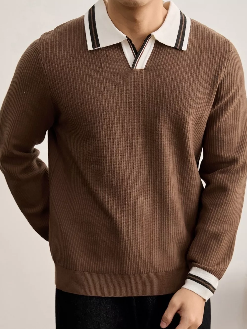 Men's Plus Size Contrast Trim Polo Collar Ribbed Knit Sweater, image 5
