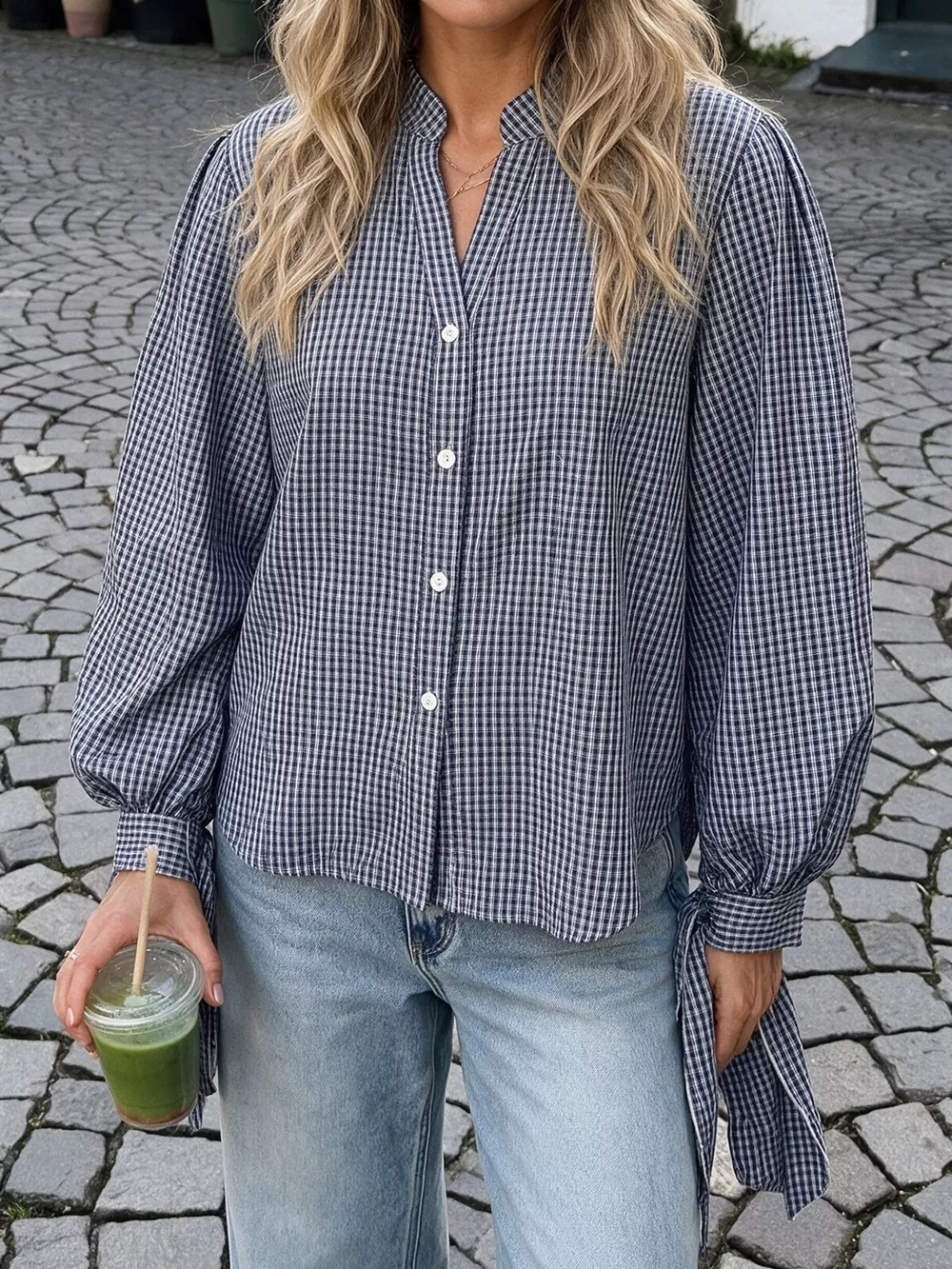 Gingham Button Up Shirt with Tie-Sleeve Detail, image 4