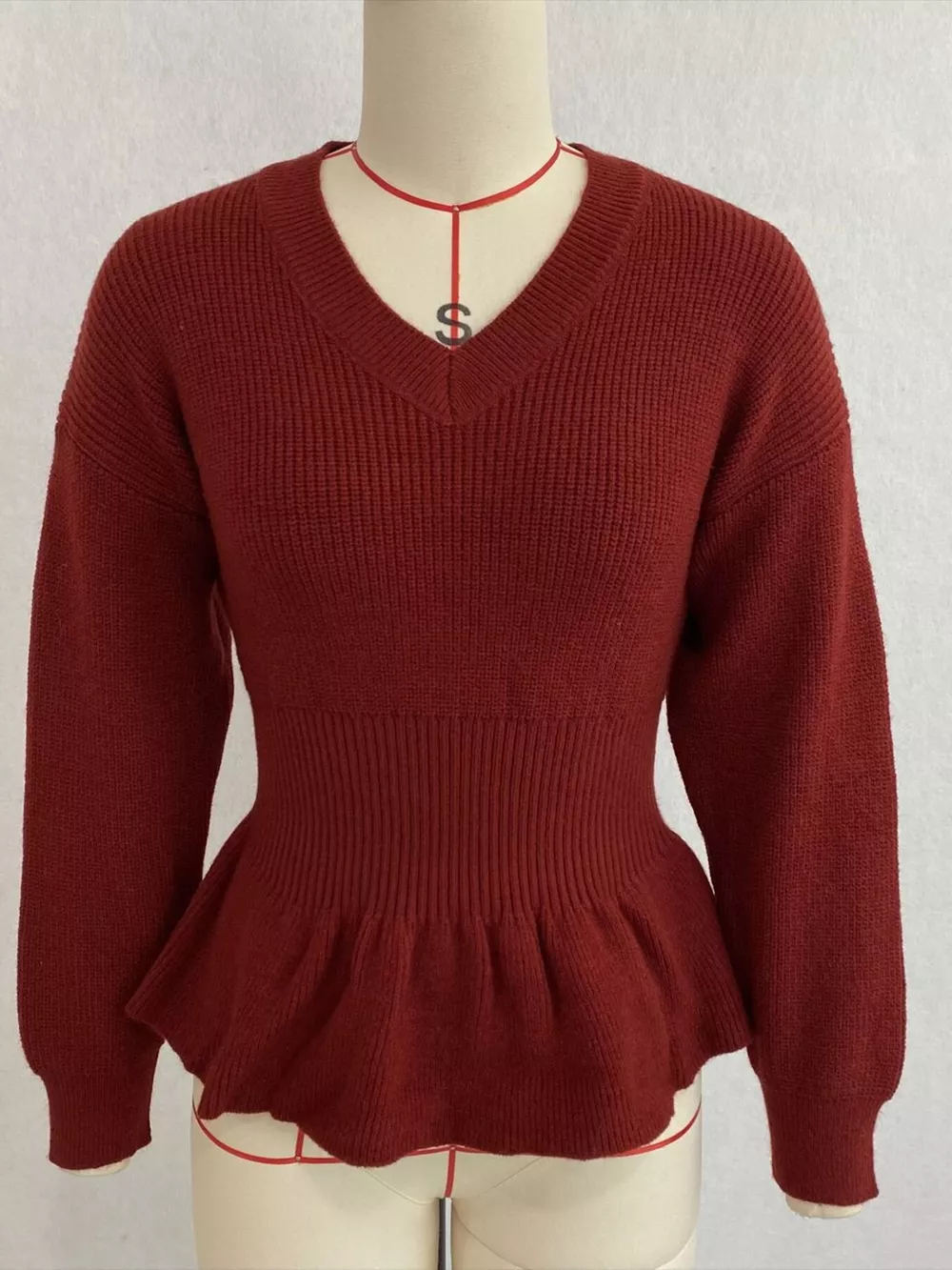 V-Neck Peplum Hem Ribbed Knit Top, image 33