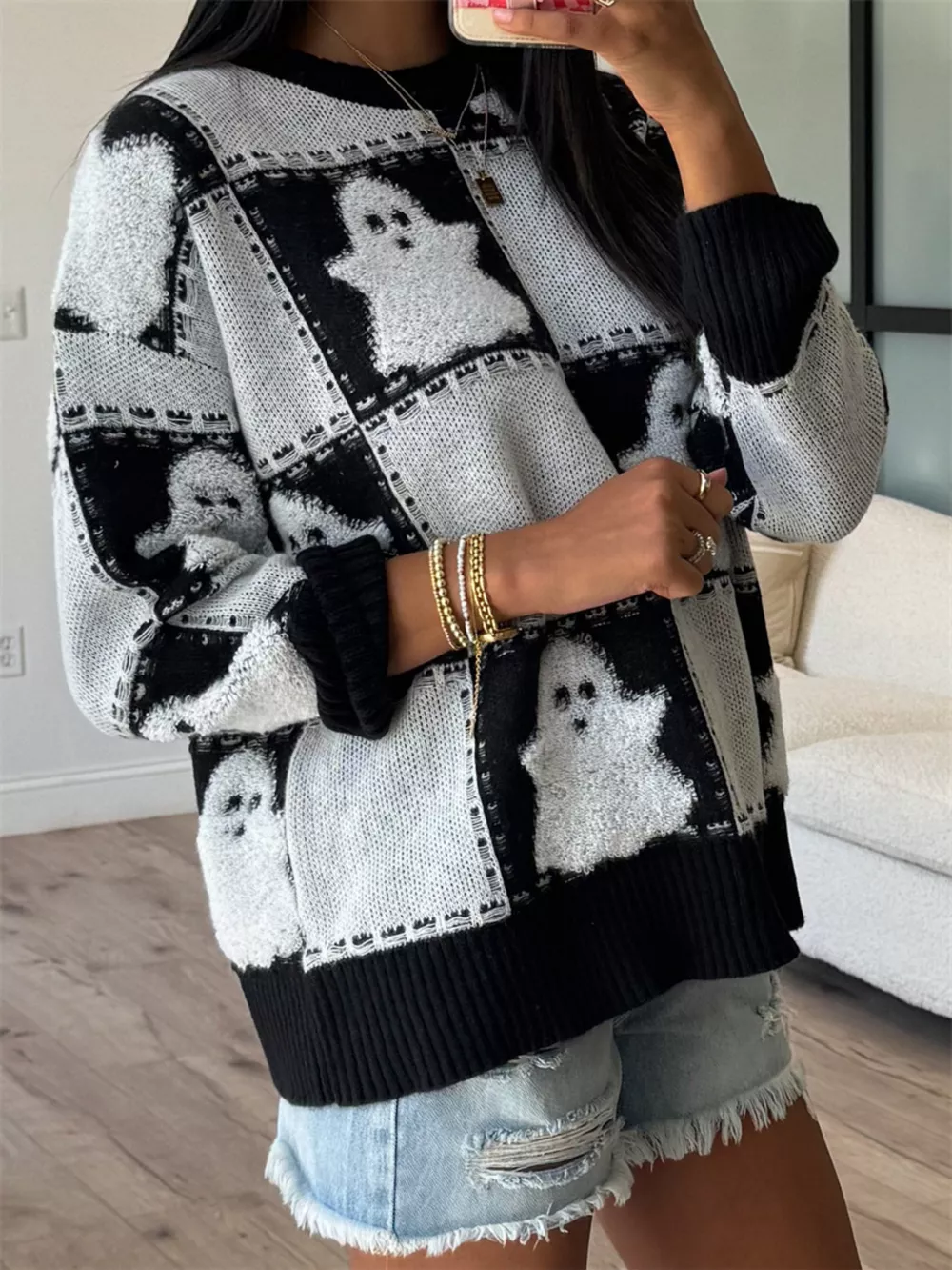 Halloween Ghost Checkered Drop Shoulder Sweater, image 3