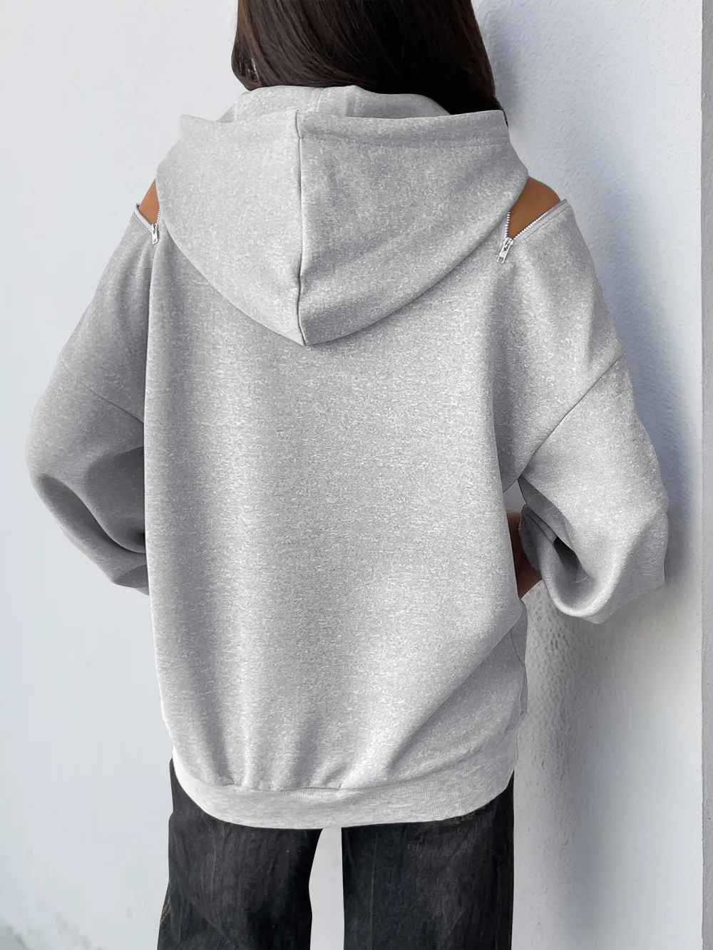 Drawstring Zip Detail Cold Shoulder Hoodie, image 5