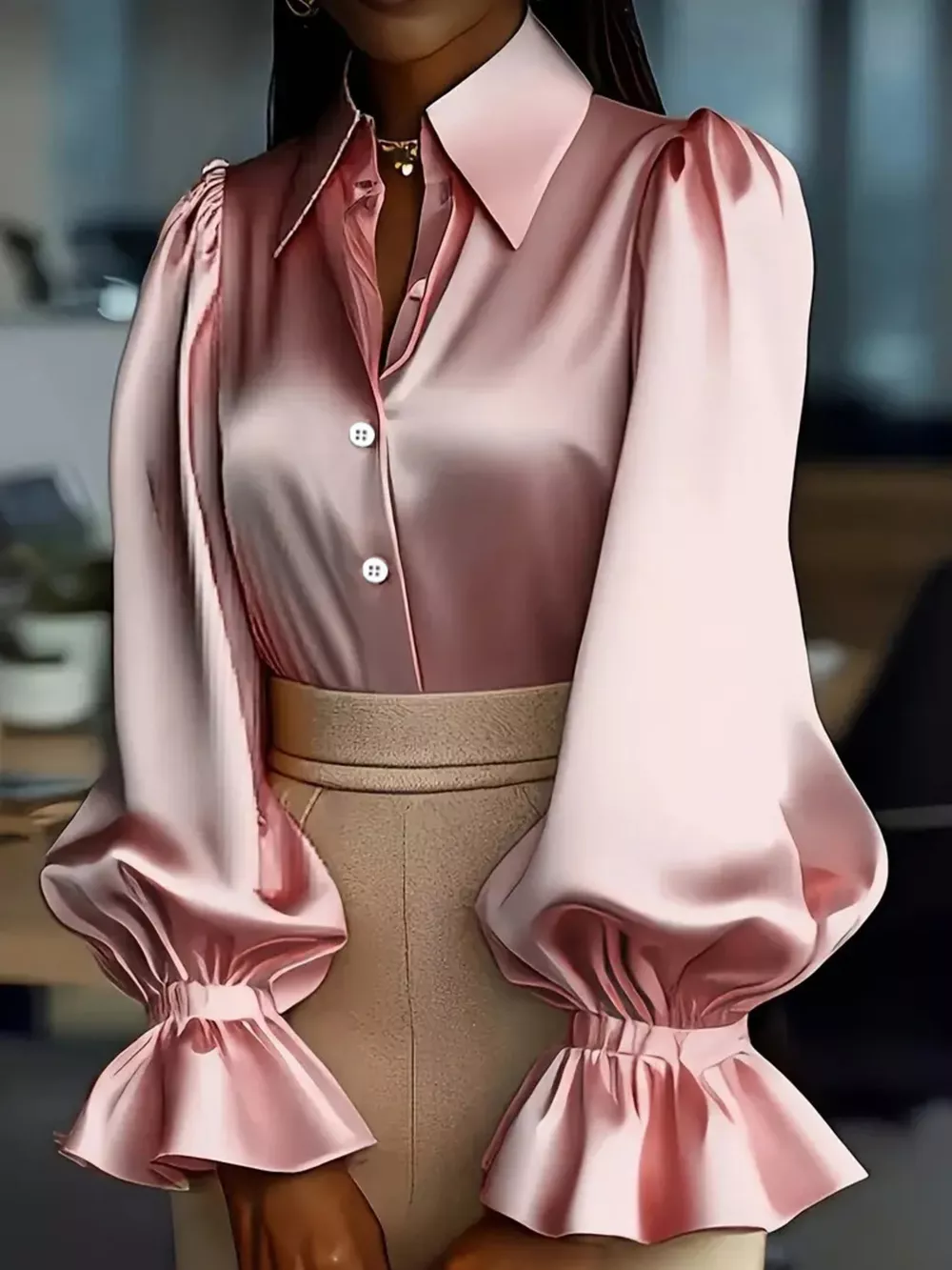 Satin Button Up Flounce Sleeve Shirt, image 4