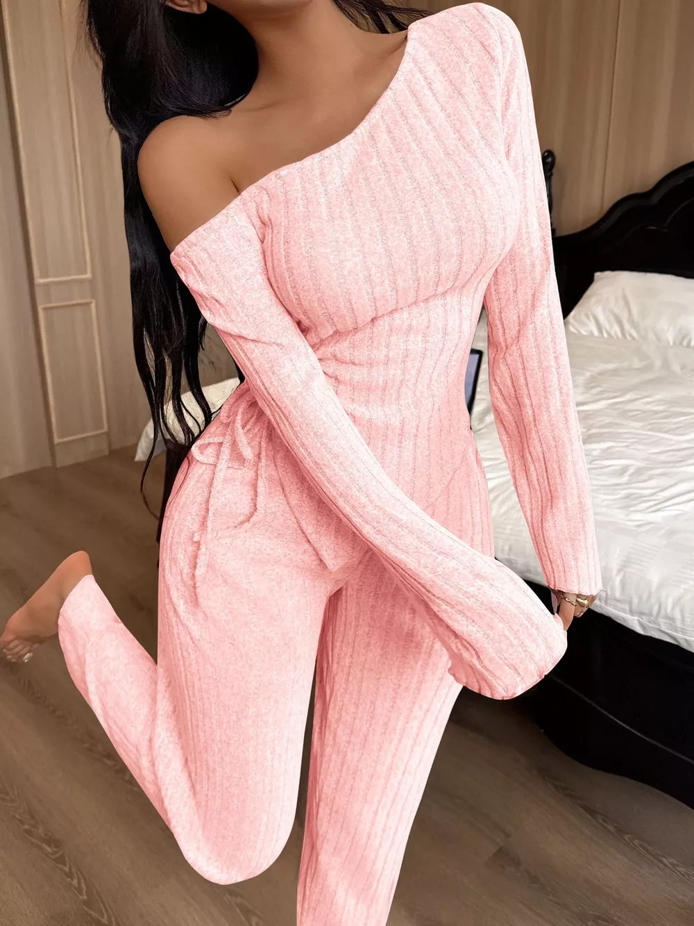 One-Shoulder Ribbed Knit Top and Pants Set, image 17