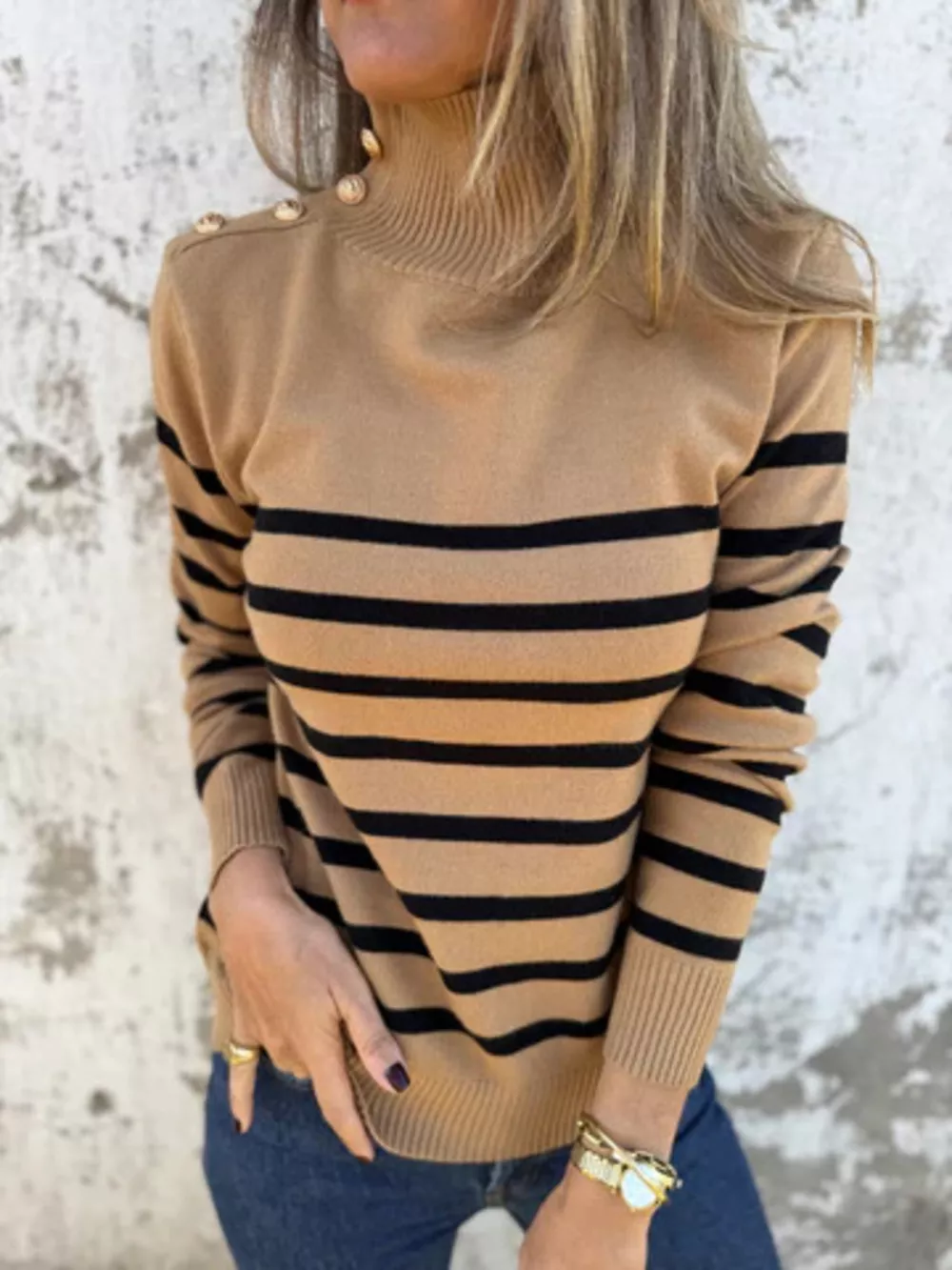 Full Size Striped Turtleneck Long Sleeve Sweater Plus Size, image 6