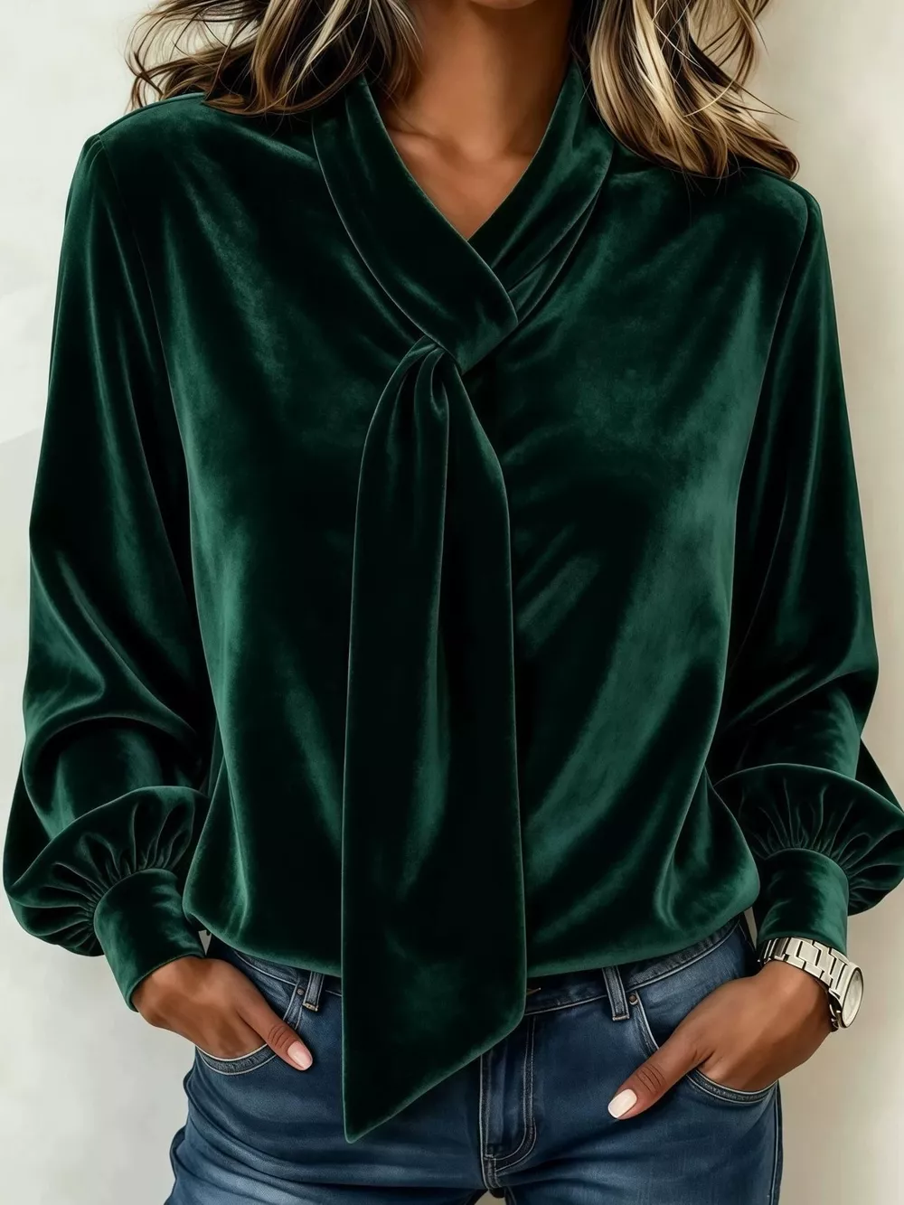 Full Size Velvet Tie-Neck Long Sleeve Blouse Plus Size, image 7