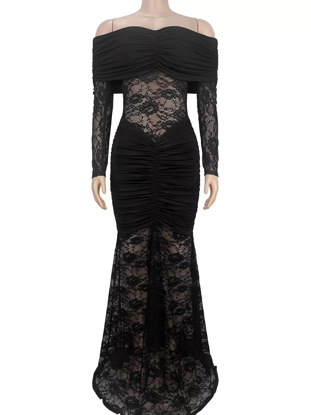 Off-Shoulder Ruched Lace Mermaid Maxi Dress, image 8