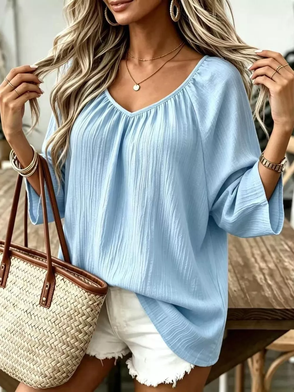 Full Size Textured V-Neck Casual T-Shirt Plus Size, image 21