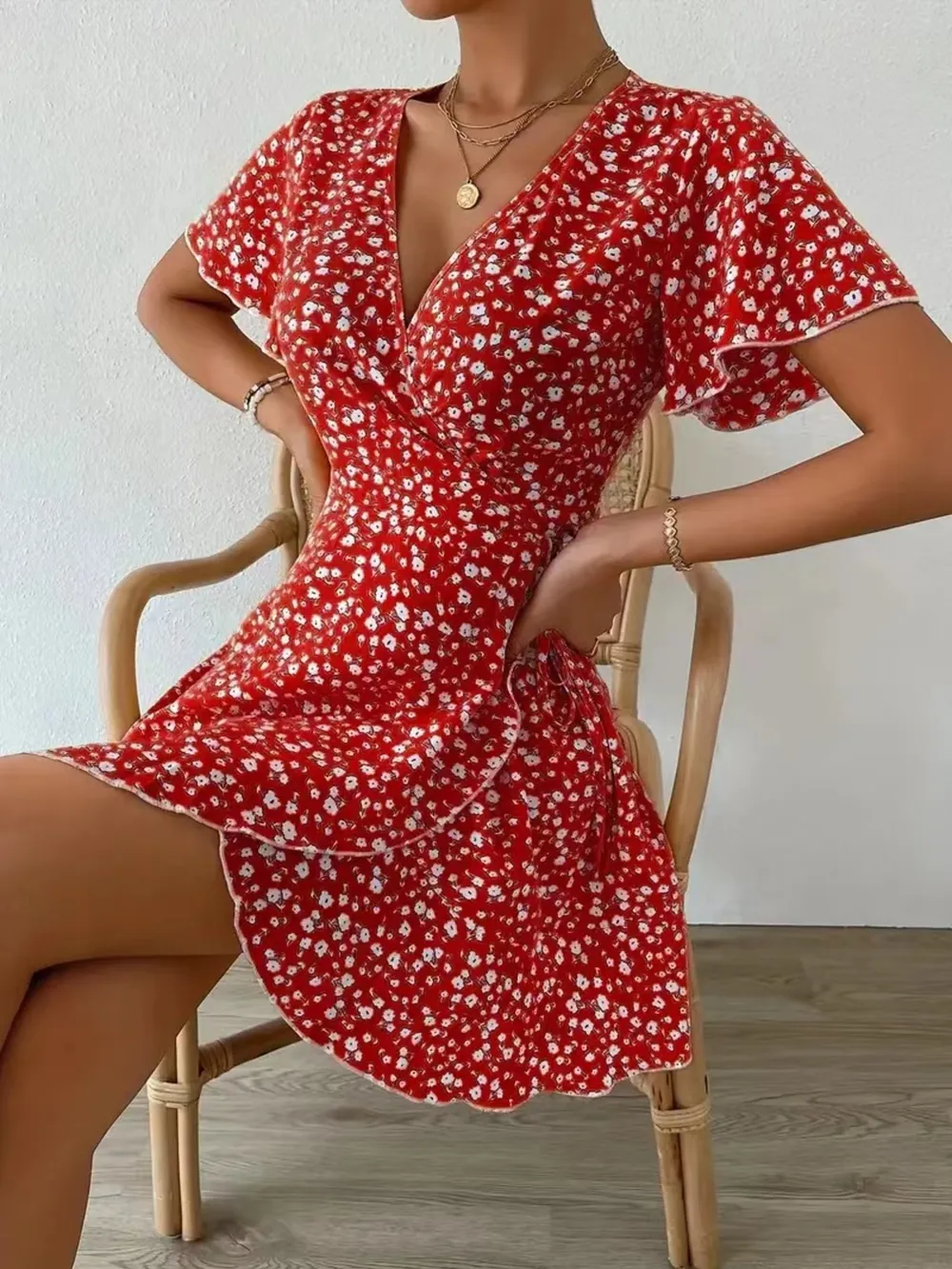 Floral Flutter Sleeve Wrap Mini Dress, image 5