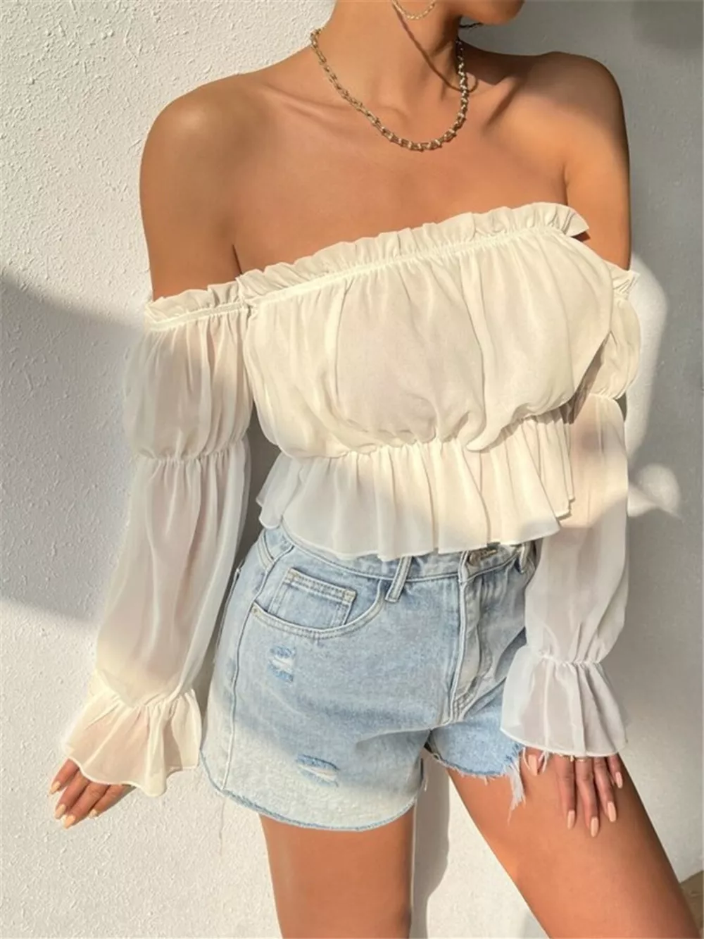 Off-Shoulder Ruffle Trim Sheer Cropped Blouse, image 9