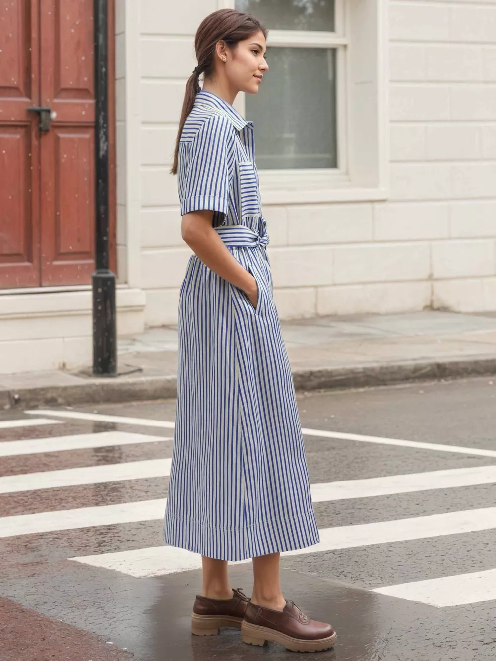 Striped Button Front Shirt Dress, image 2