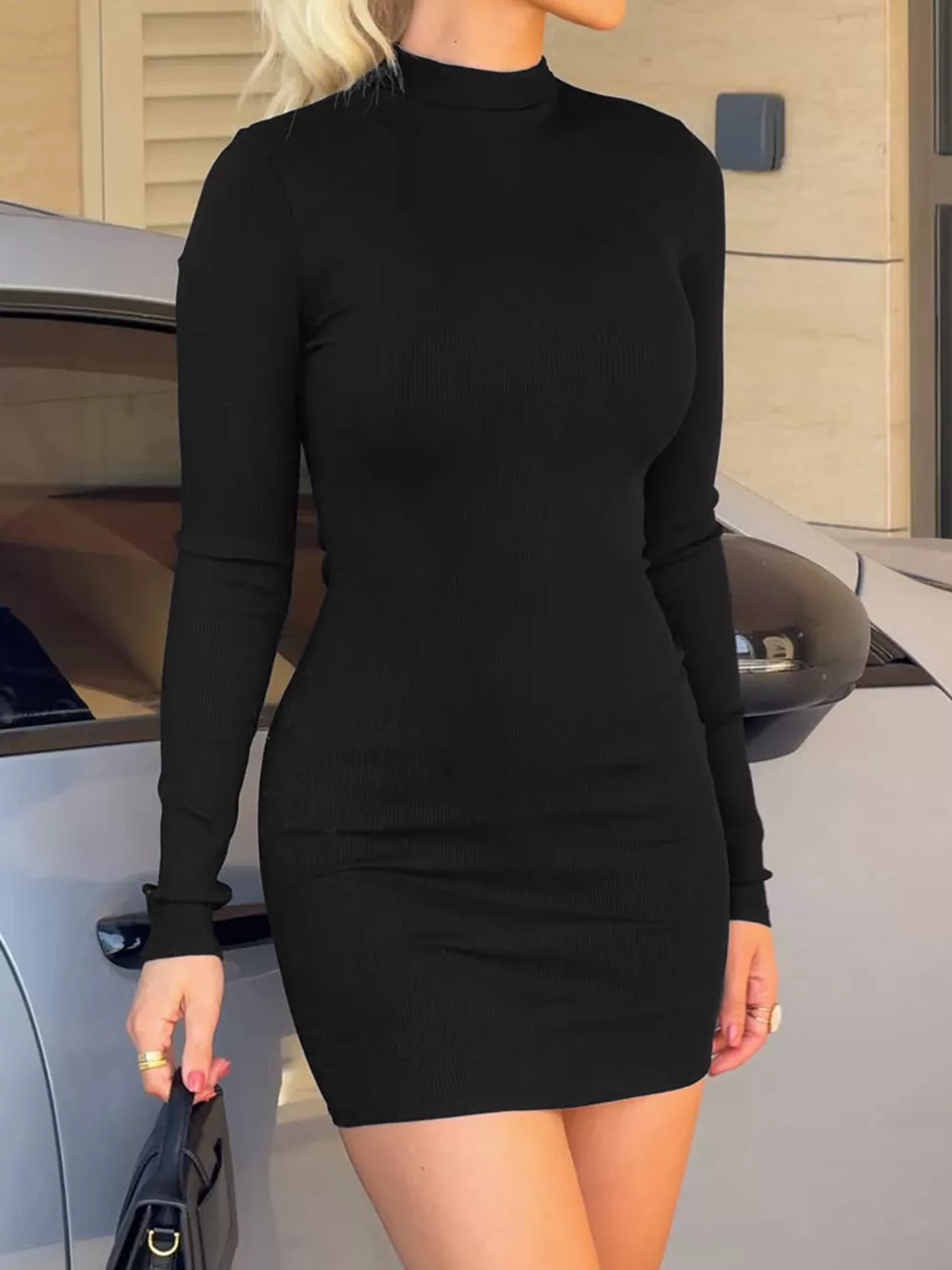 Mock Neck Ribbed Bodycon Knit Dress