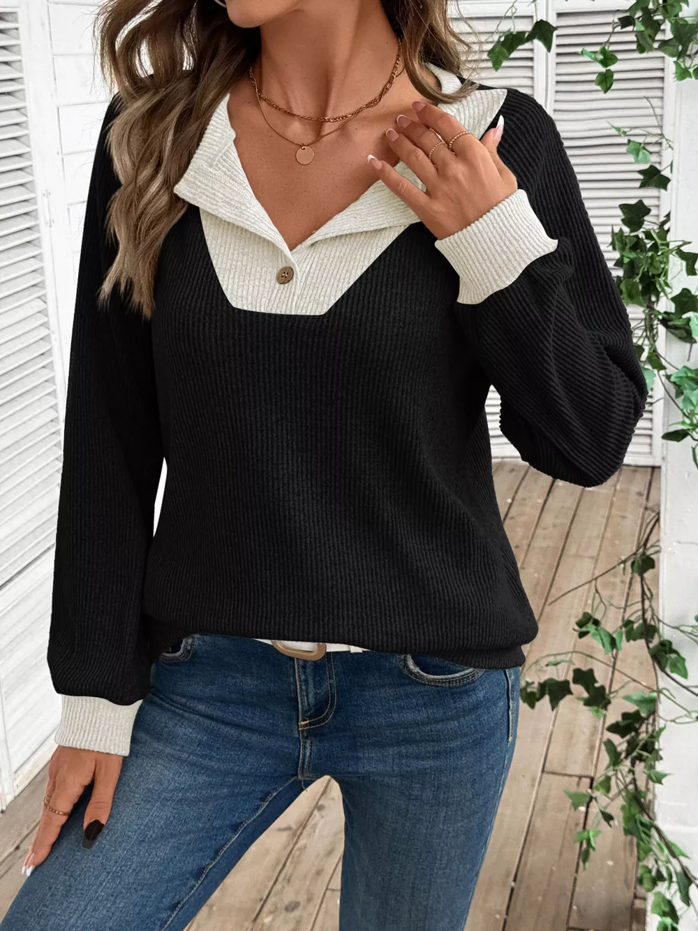 Ribbed Knit Two-Tone Top, image 4
