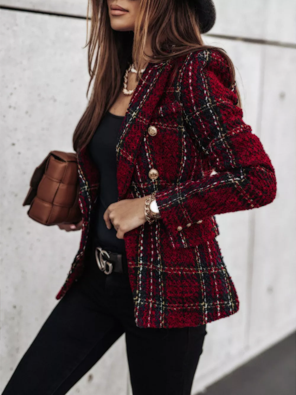 Full Size Plaid Tweed Double-Breasted Blazer Plus Size, image 2
