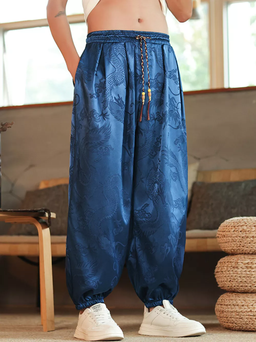 Men's Plus Size Dragon Pattern Silk Harem Pants, image 5