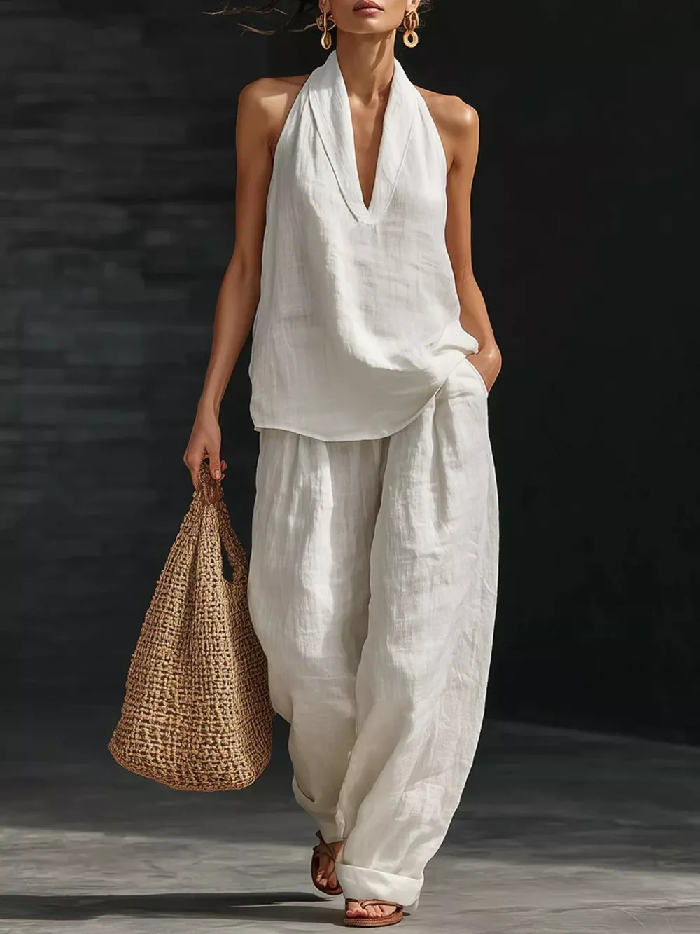Full Size Halter Neck Top and Wide Leg Pants Set Plus Size, image 2