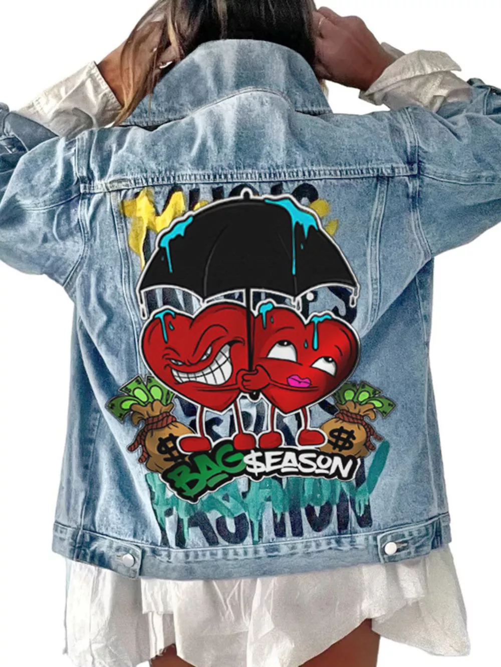 Full Size Heart and Umbrella Graphic Denim Jacket Plus Size