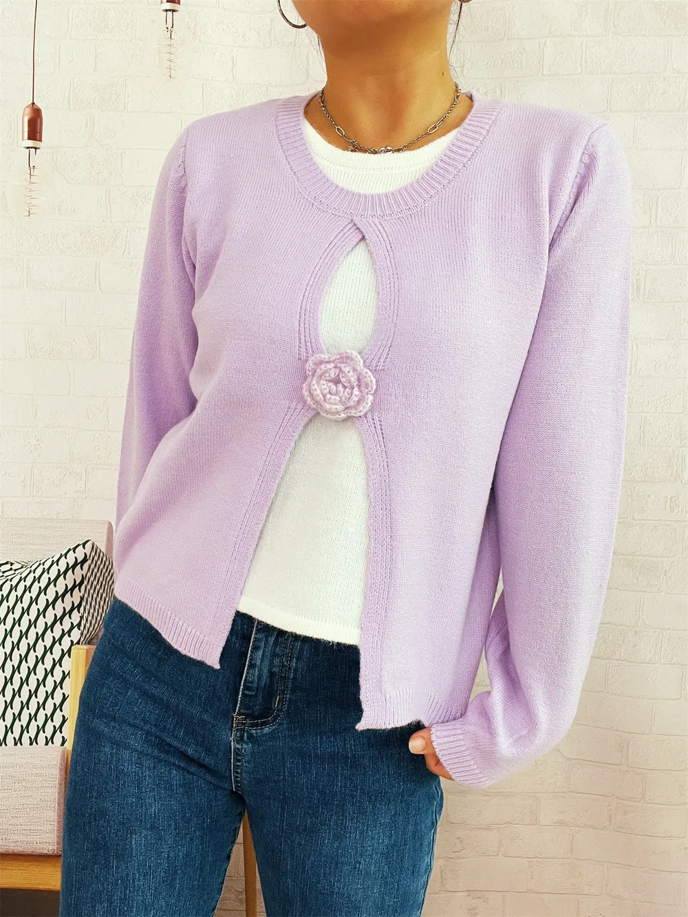Flower Contrast Round Neck Sweater, image 6