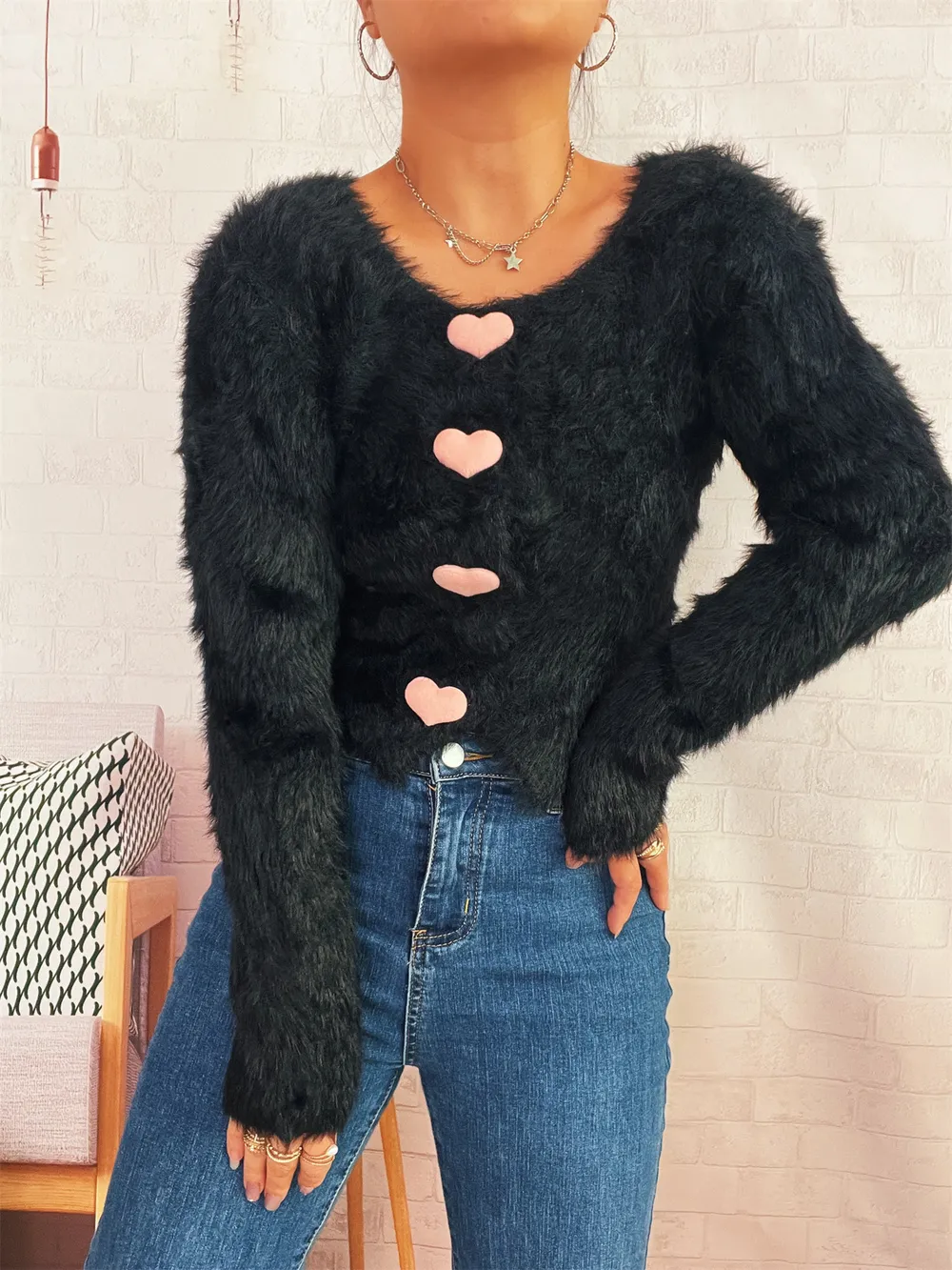 Fuzzy Heart Shape Button-Up Cardigan, image 8