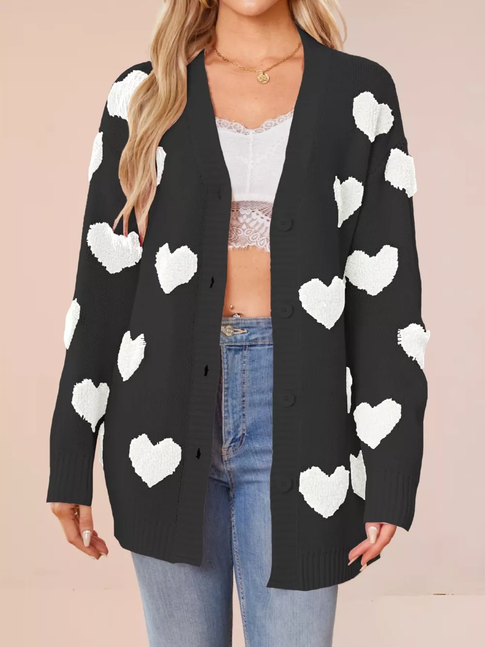 Heart Pattern V-Neck Button-Down Knit Cardigan, image 11