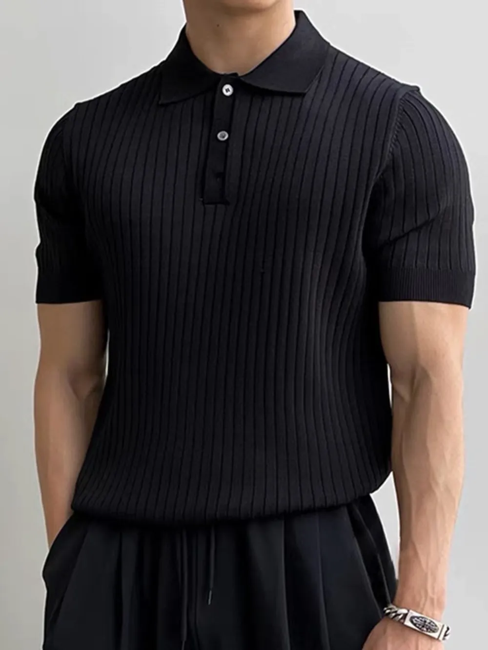 Men's Full Size Ribbed Knit Short Sleeve Polo Plus Size