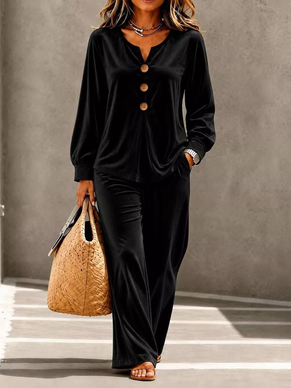 Elegant Velvet Decor-Button Top and Pants Set, image 7