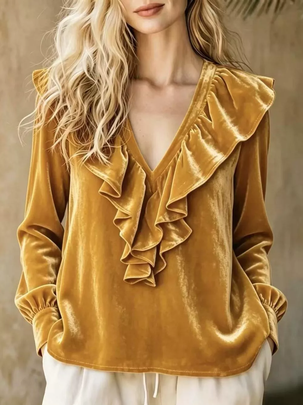 Full Size Ruffled V-Neck Long Sleeve Blouse Plus Size, image 5
