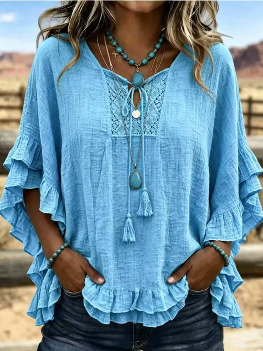 Full Size Tassel Tie Neck Ruffled Hem Blouse Plus Size, image 7
