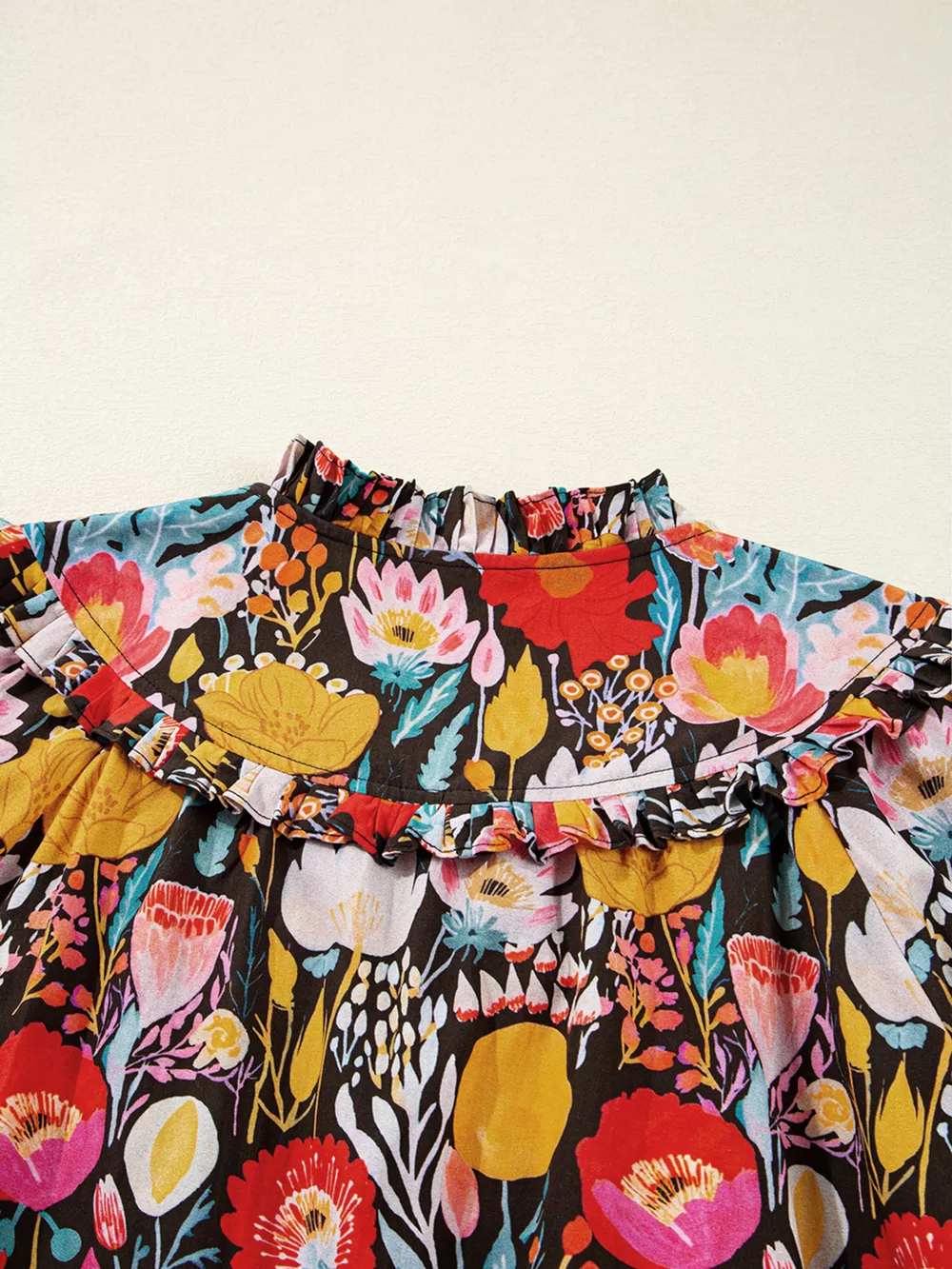 Floral 3/4 Puff Sleeve Tied Neck Blouse, image 4