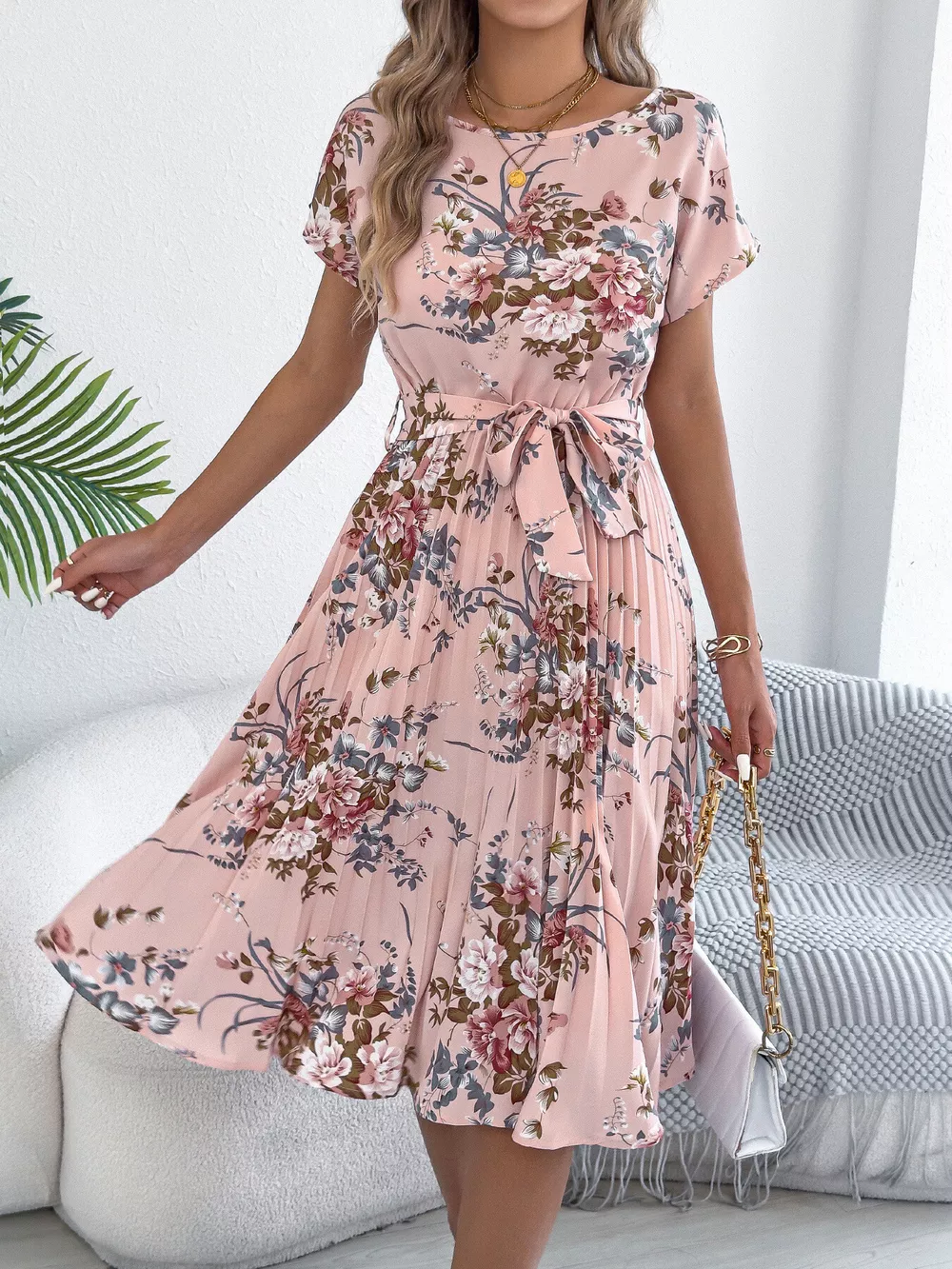 Floral Print Pleated A-Line Midi Dress, image 4
