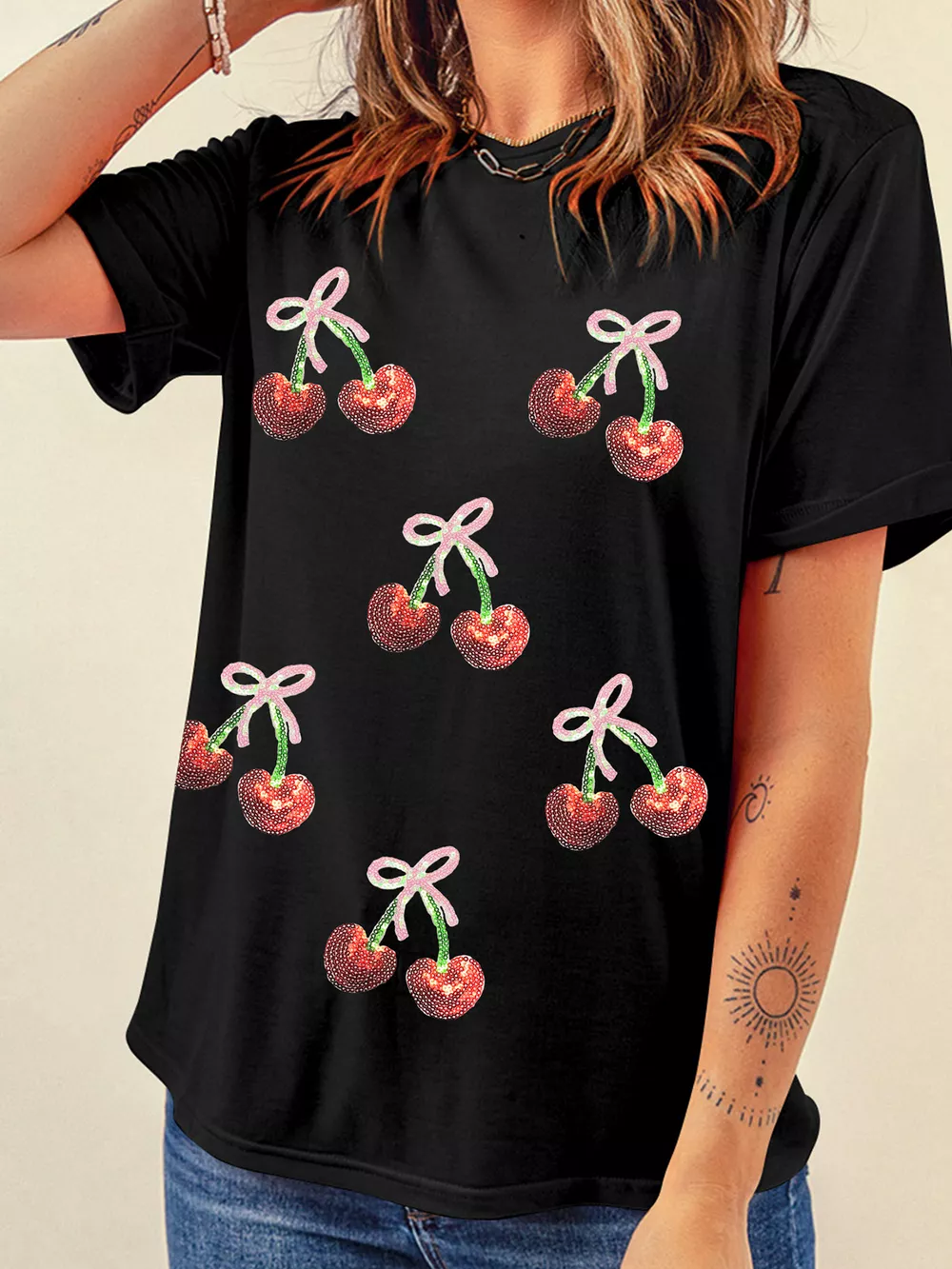 Full Size Sequin Bow Cheery Patched Valentines Tee Plus Size, image 3