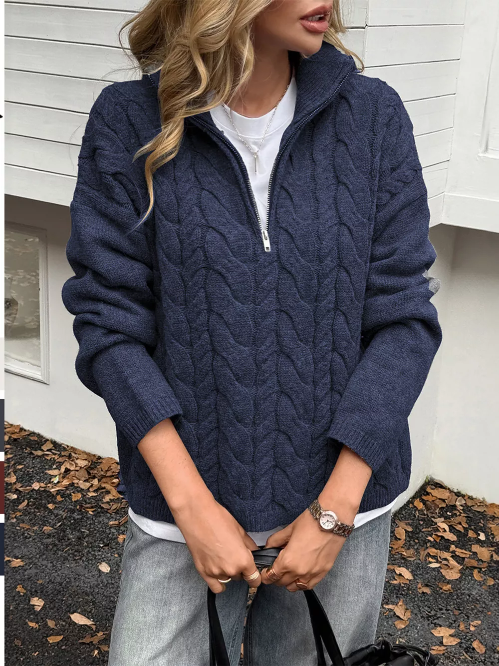 Zip Collar Cable-Knit Sweater, image 9