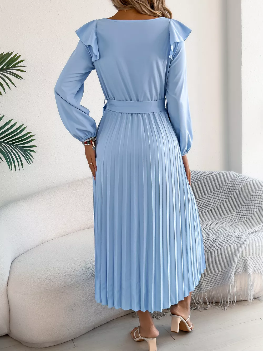 Ruffle Trim Pleated A-Line Midi Dress, image 5