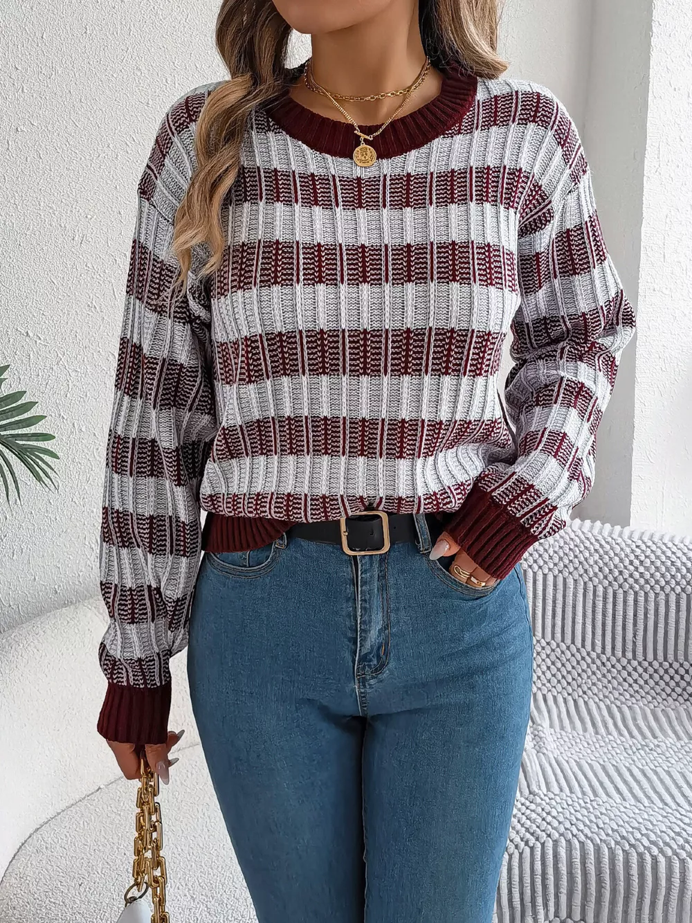 Striped Round Neck Long Sleeve Sweater, image 15