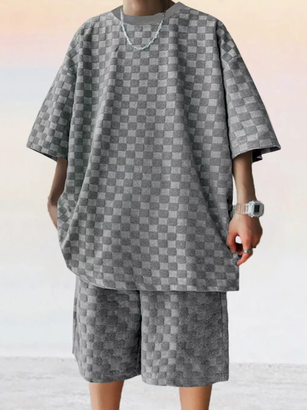 Men's Full Size Textured Short Sleeve Tee and Shorts Casual Set Plus Size, image 5