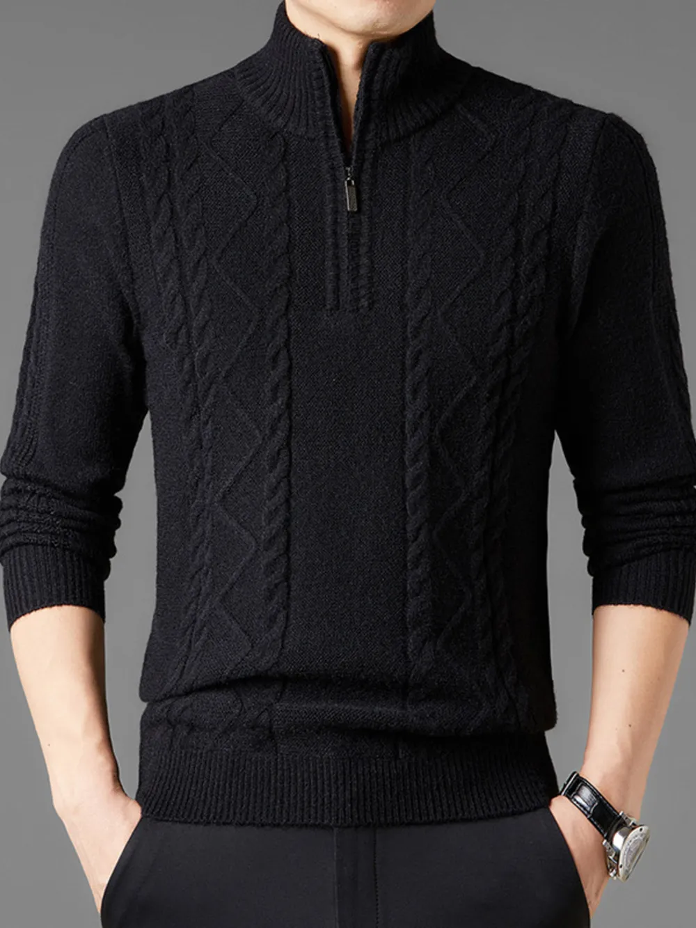 Men's Plus Size Cable Knit Quarter-Zip Sweater, image 2