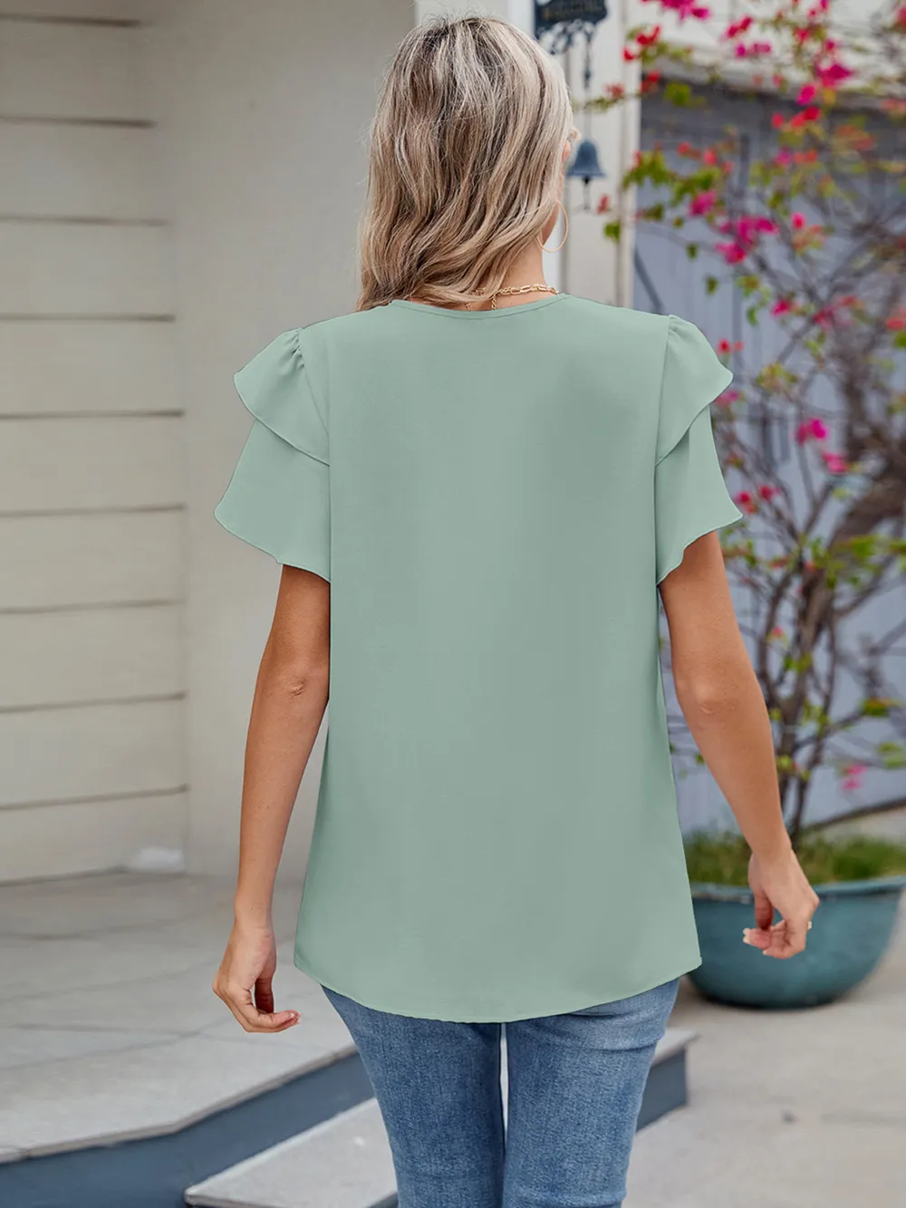 Round Neck Ruffled Layered Sleeve Blouse, image 9