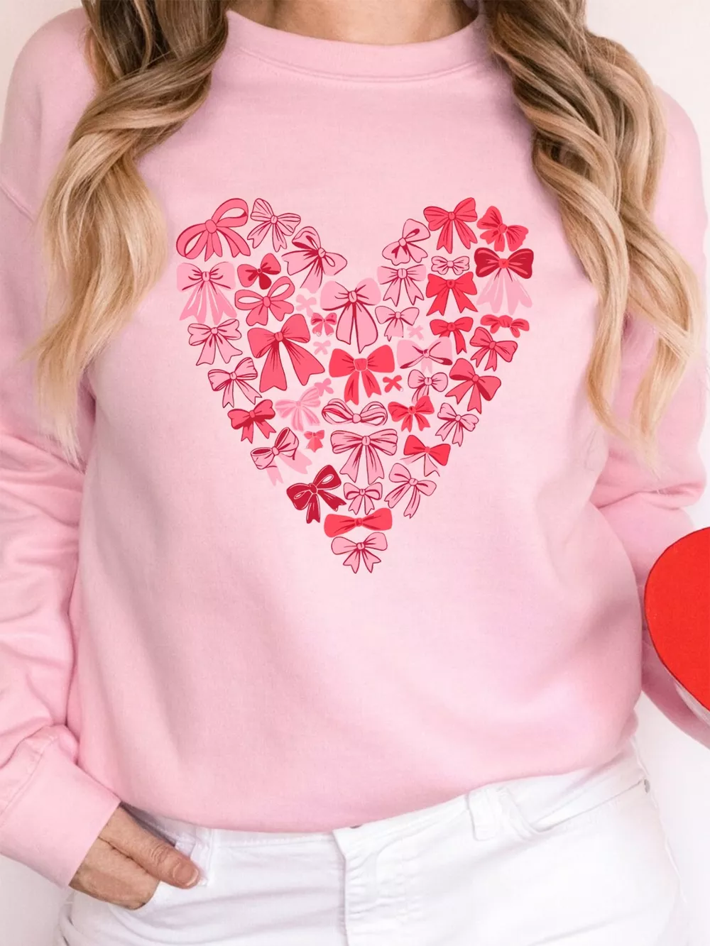 Bow Printed Big Heart Valentines Day Pullover Sweatshirt, image 5