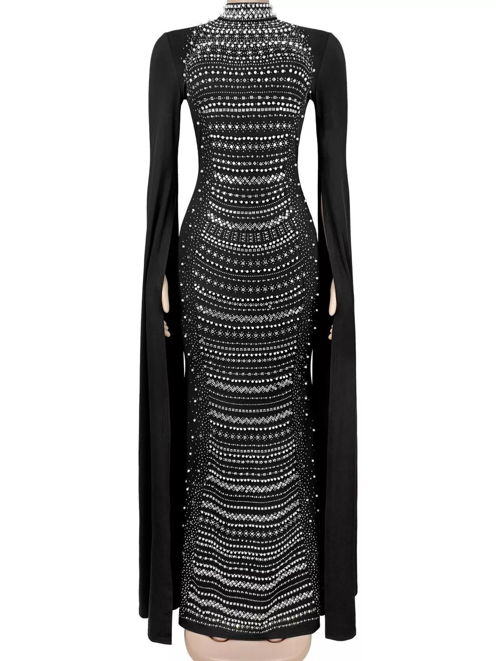 Rhinestone Slit Flare Sleeve Cape Maxi Dress, image 5