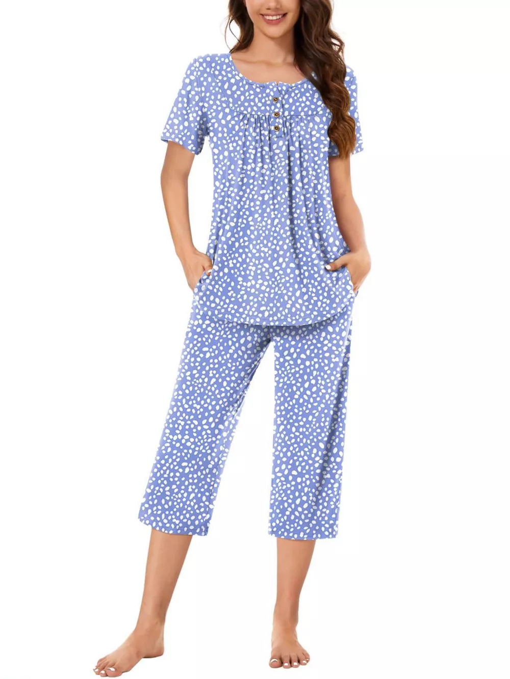 Printed Short Sleeve Top and Cropped Pants Lounge Set, image 3
