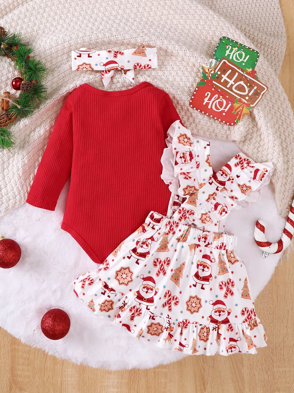 Children's Christmas Ribbed Bodysuit and Santa Print Suspender Skirt Set with Headband, image 5