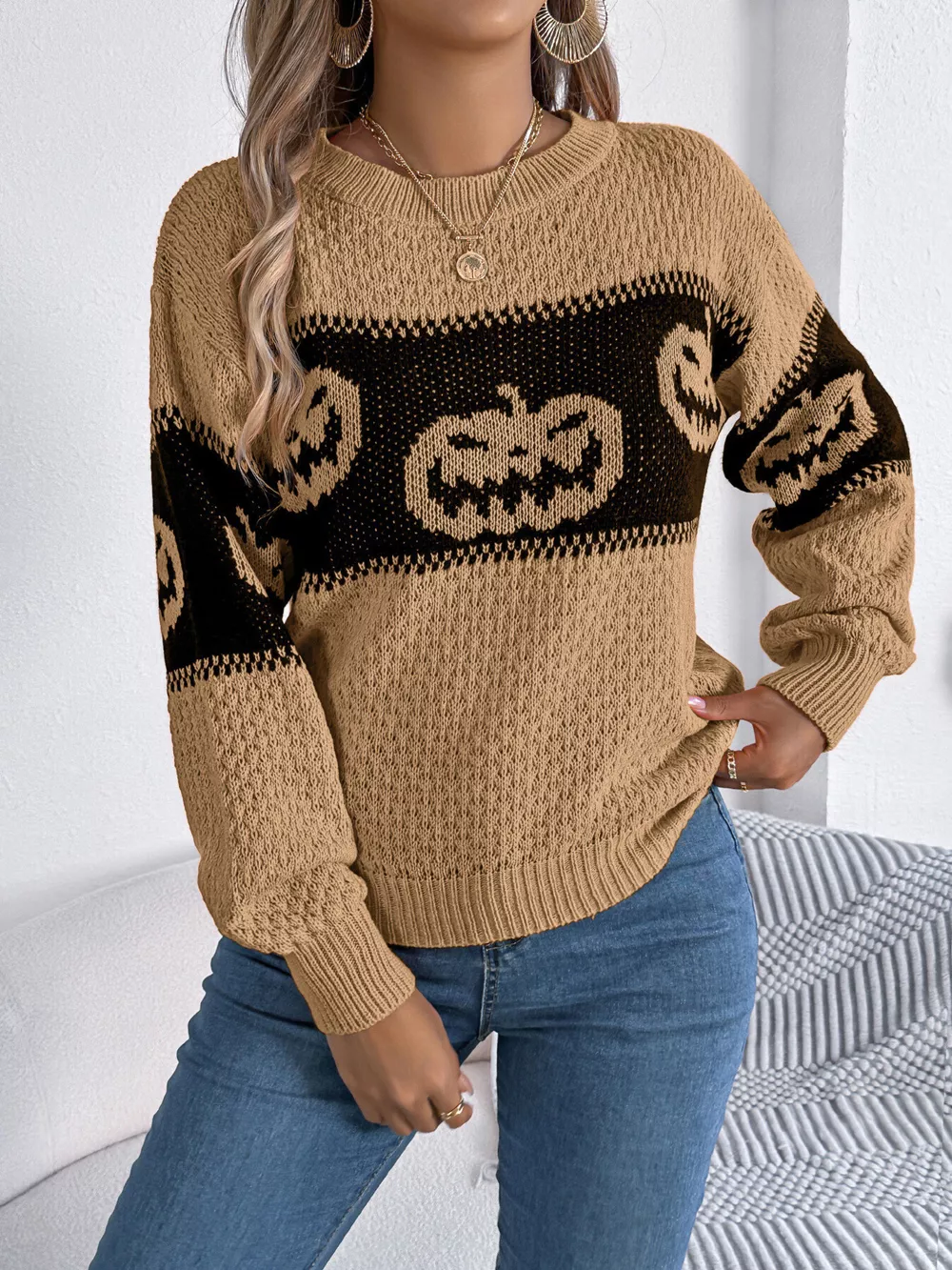 Halloween Pumpkin Pattern Round Neck Sweater, image 11