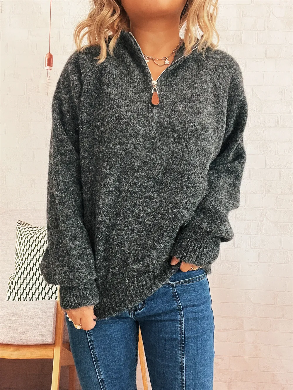 Quarter Zip Ribbed Hem Sweater, image 19