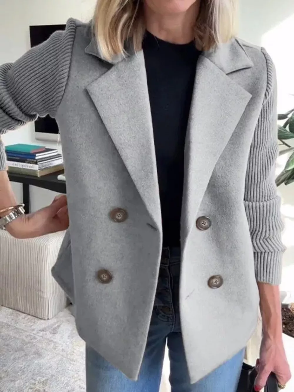 Full Size Knitted Sleeve Wool Blend Double-Breasted Blazer Plus Size, image 16