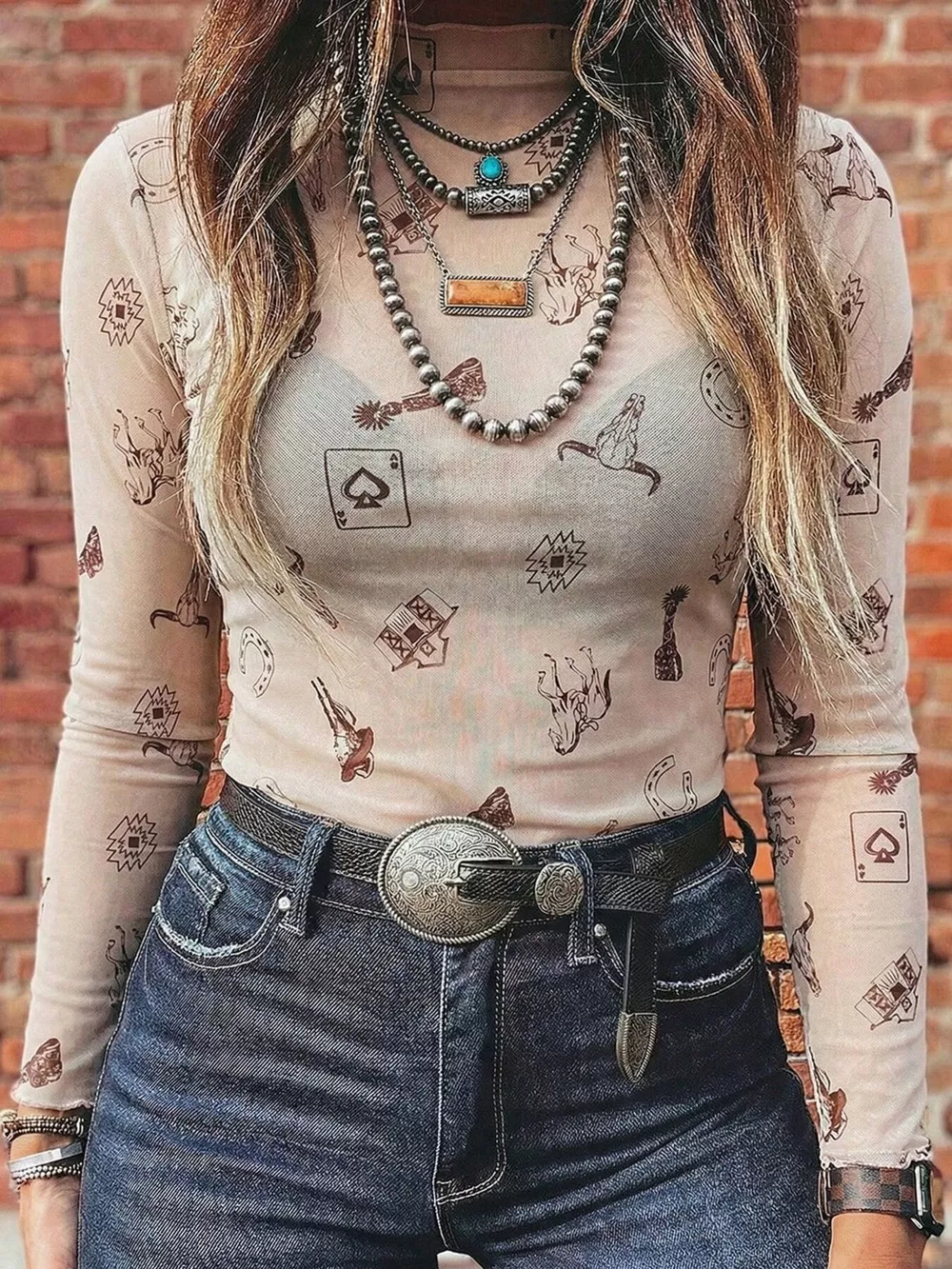 Printed Mesh Long Sleeve Slim Fit Top, image 6