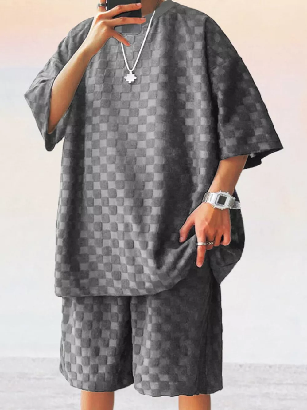 Men's Full Size Textured Short Sleeve Tee and Shorts Casual Set Plus Size, image 4