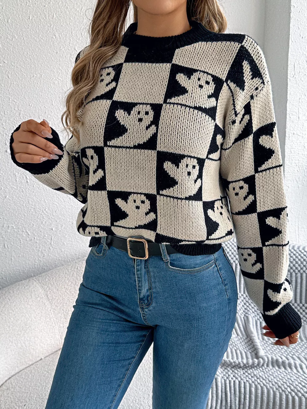Checkerboard Halloween Graphic Sweater, image 12