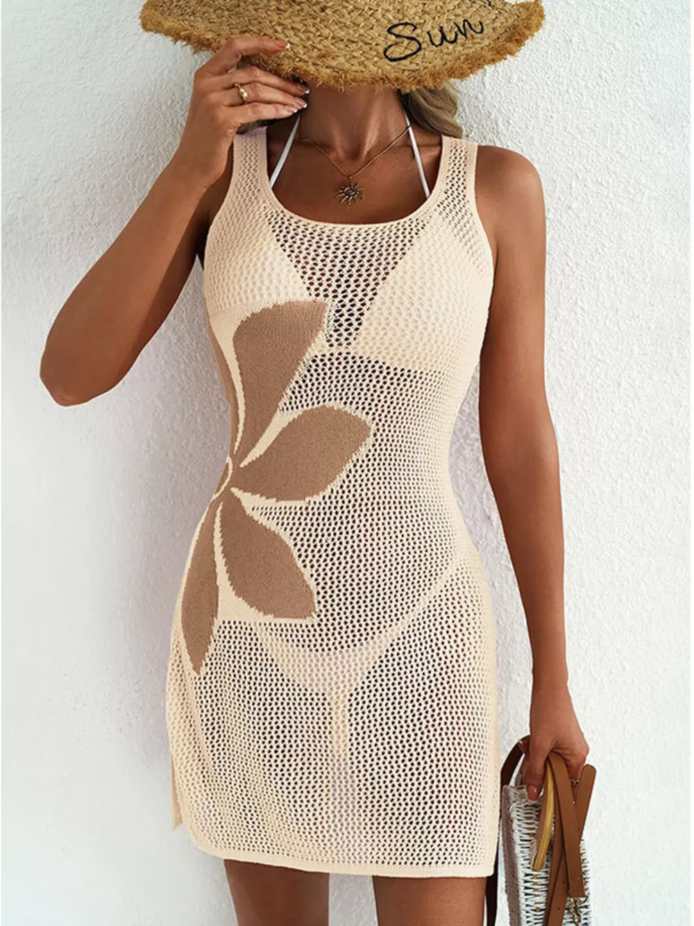 Side Slit Flower Crochet Knit Cover Up Dress, image 7