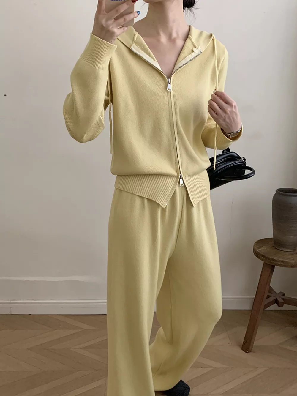 Zip Up Cardigan and Drawstring Wide Leg Pants Knit Set, image 22