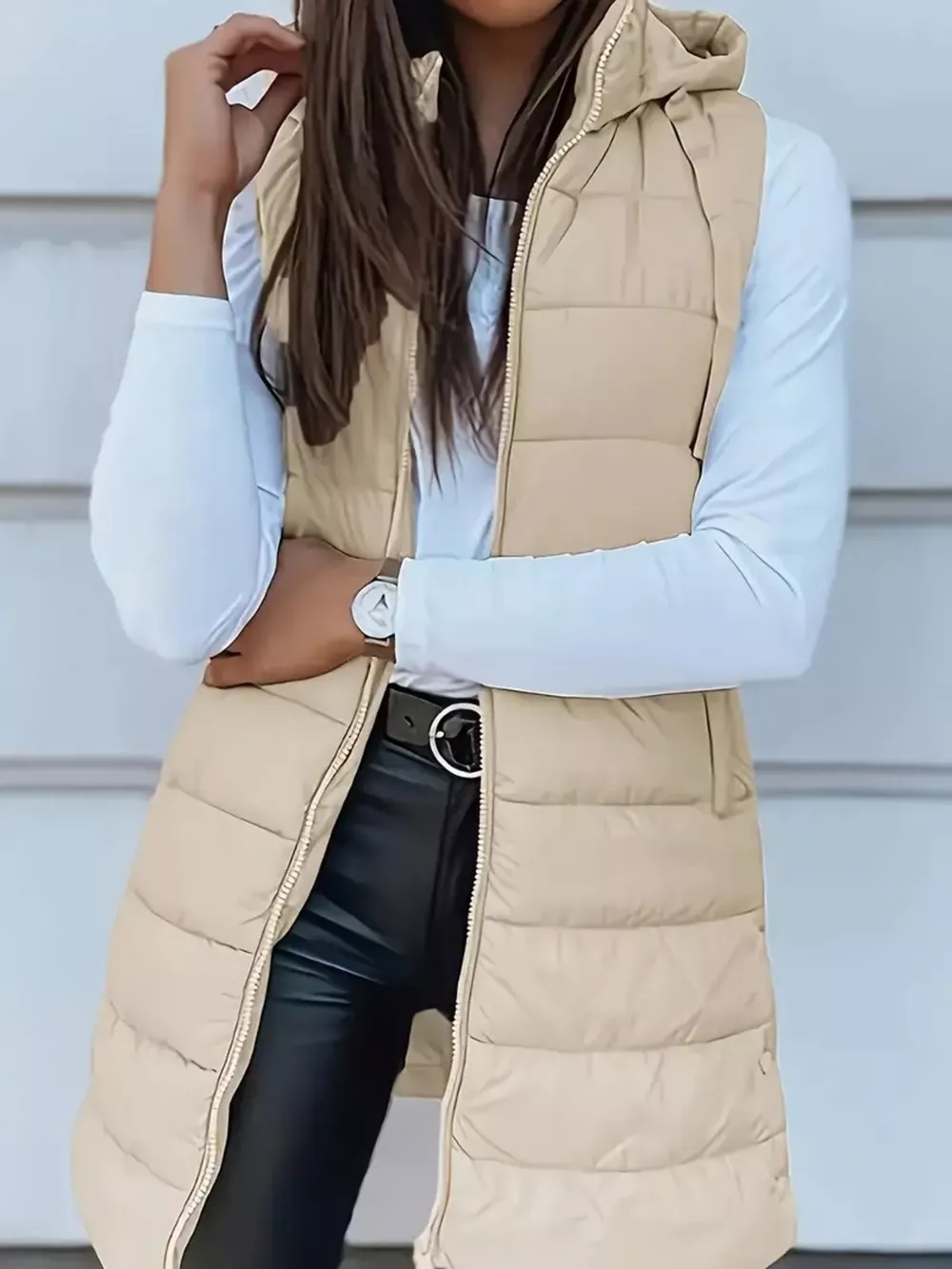 Zip Up Longline Hooded Puffer Vest Coat, image 3