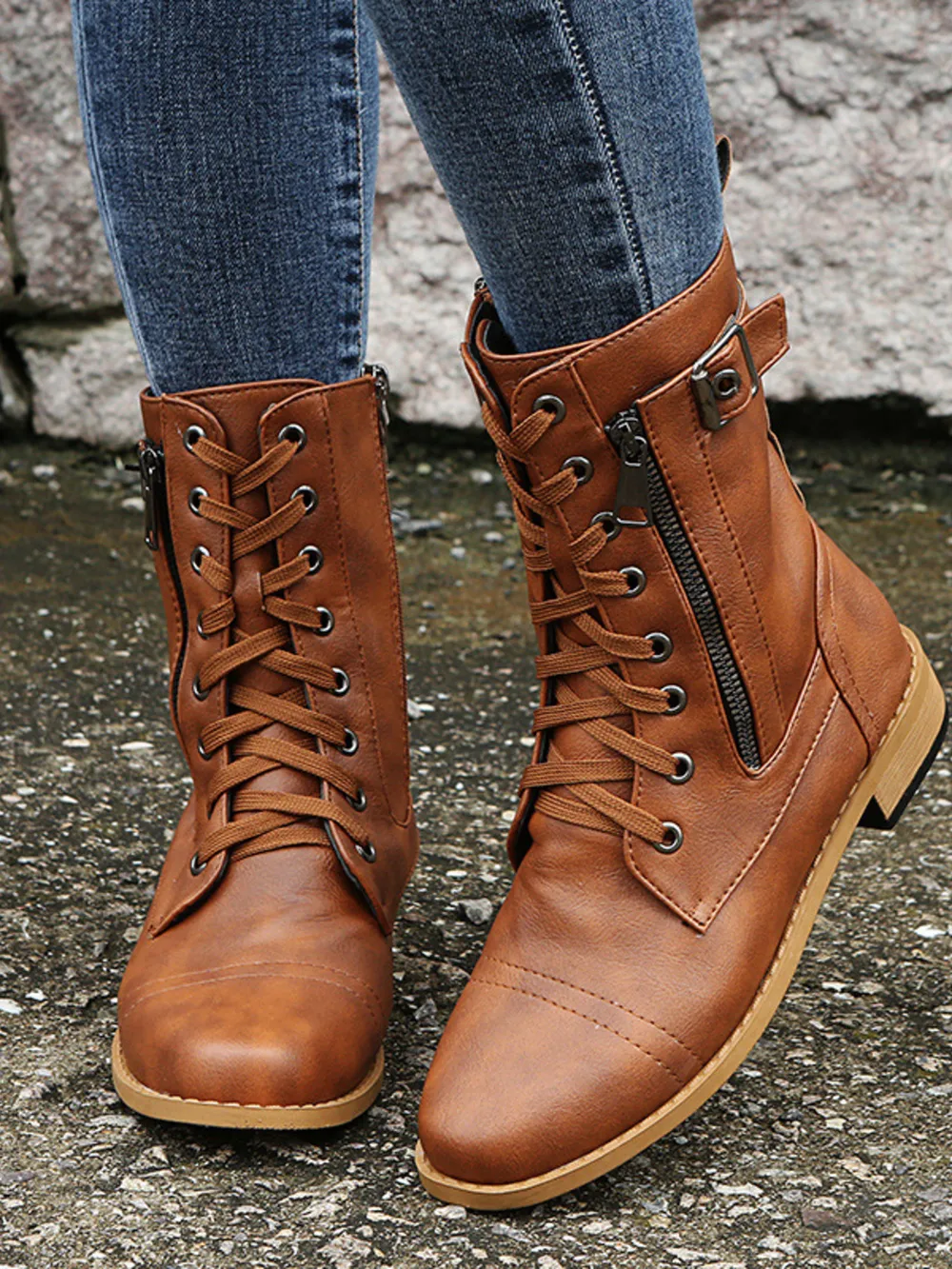 Lace-Up Boots with Side Zipper, image 2
